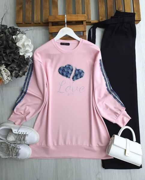 SONEE KOL İŞLEMELİ KOT ŞERİTLİ ÖNÜ İŞLEMELİ KOT YAZILI TUNİK B3-3-5619-05-PUDRA - 1