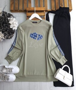 SONEE KOL İŞLEMELİ KOT ŞERİTLİ ÖNÜ İŞLEMELİ KOT YAZILI TUNİK B3-3-5619-07-YEŞİL - 1