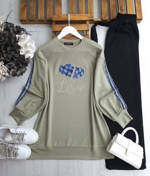 SONEE KOL İŞLEMELİ KOT ŞERİTLİ ÖNÜ İŞLEMELİ KOT YAZILI TUNİK B3-3-5619-07-YEŞİL - 1