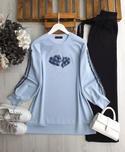 SONEE KOL İŞLEMELİ KOT ŞERİTLİ ÖNÜ İŞLEMELİ KOT YAZILI TUNİK B3-3-5619-10-MAVİ - 1