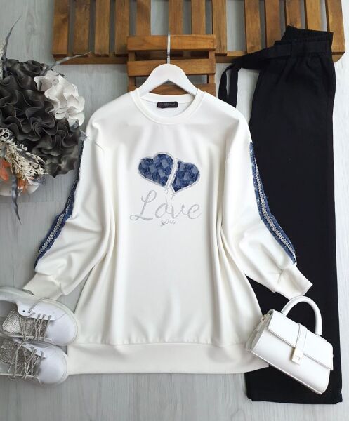 SONEE KOL İŞLEMELİ KOT ŞERİTLİ ÖNÜ İŞLEMELİ KOT YAZILI TUNİK B3-3-5619-20-BEYAZ - 1