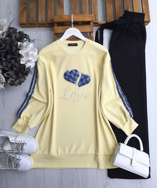 SONEE KOL İŞLEMELİ KOT ŞERİTLİ ÖNÜ İŞLEMELİ KOT YAZILI TUNİK B3-3-5619-23-SARI - 1