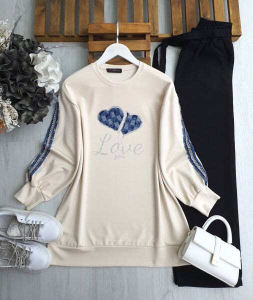 SONEE KOL İŞLEMELİ KOT ŞERİTLİ ÖNÜ İŞLEMELİ KOT YAZILI TUNİK B3-3-5619-34-BEJ - 1