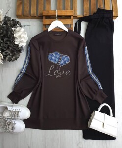 SONEE KOL İŞLEMELİ KOT ŞERİTLİ ÖNÜ İŞLEMELİ KOT YAZILI TUNİK B3-3-5619-37-KAHVE - 1