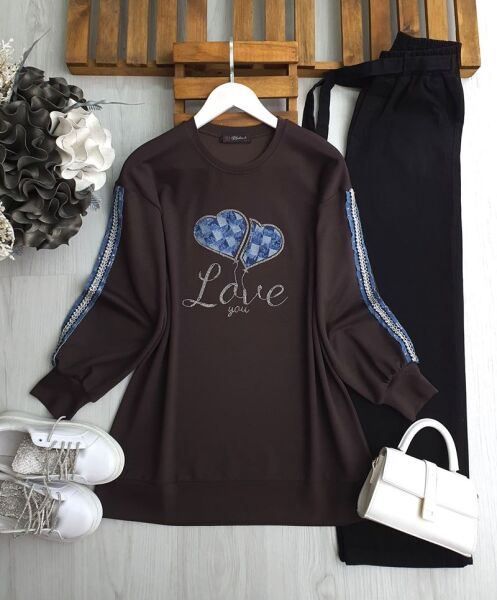 SONEE KOL İŞLEMELİ KOT ŞERİTLİ ÖNÜ İŞLEMELİ KOT YAZILI TUNİK B3-3-5619-37-KAHVE - 1