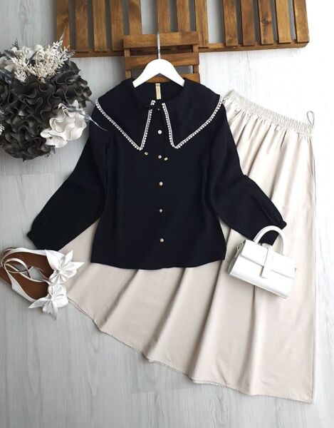 SUFYE PELERİN YAKA BAĞCIKLI GÖMLEK -5549-01-SİYAH - 1