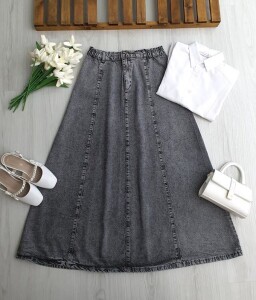 SUNF BEL ARKADAN LASTİKLİ KOT ETEK 6119-26-GRİ - 1