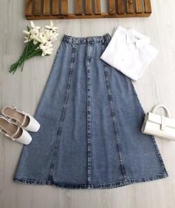 SUNF BEL ARKADAN LASTİKLİ KOT ETEK 6119-56-AÇIK KOT - 1