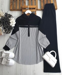 SUNSA YARIM DÜĞMELİ ÇİZGİLİ GÖMLEK GARNİLİ İKİLİ TAKIM B3-5-1652-01-SİYAH - 1