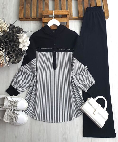 SUNSA YARIM DÜĞMELİ ÇİZGİLİ GÖMLEK GARNİLİ İKİLİ TAKIM B3-5-1652-01-SİYAH - 1