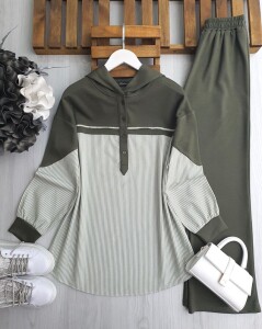 SUNSA YARIM DÜĞMELİ ÇİZGİLİ GÖMLEK GARNİLİ İKİLİ TAKIM B3-5-1652-09-HAKİ - 1