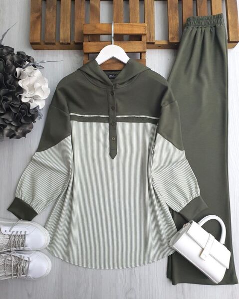 SUNSA YARIM DÜĞMELİ ÇİZGİLİ GÖMLEK GARNİLİ İKİLİ TAKIM B3-5-1652-09-HAKİ - 1