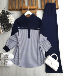 SUNSA YARIM DÜĞMELİ ÇİZGİLİ GÖMLEK GARNİLİ İKİLİ TAKIM B4-5-1652-12-LACİVERT - 