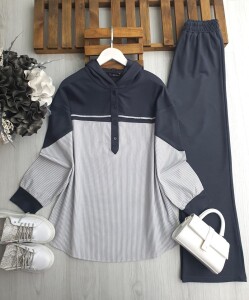 SUNSA YARIM DÜĞMELİ ÇİZGİLİ GÖMLEK GARNİLİ İKİLİ TAKIM B3-5-1652-58-FÜME - 