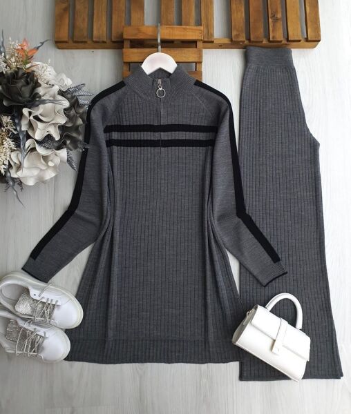 TAND YARIM FERMUARLI ŞERİTLİ TRİKO TAKIM A6-6-8153-58-FÜME - 1