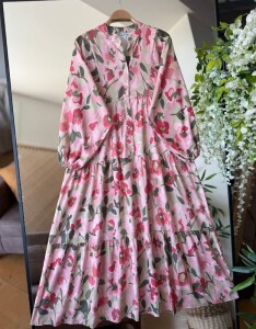 TESNA SOFT DİJİTAL BASKI PATLI YARIM DÜĞMELİ SALAŞ ELBİSE B5-4-2379-47-PEMBE - 