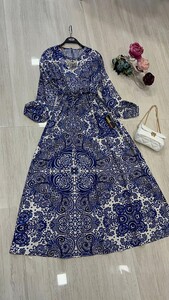 TESVA ZAR DESENLİ BELİ TÜNEL BAĞCIKLI ELBİSE B11-1-2260-10-MAVİ - 
