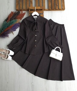 TOCHE YAKA BAĞCIKLI DİKİŞ DETAYLI KOT ETEKLİ TAKIM A6-1-1703-37-KAHVE - 