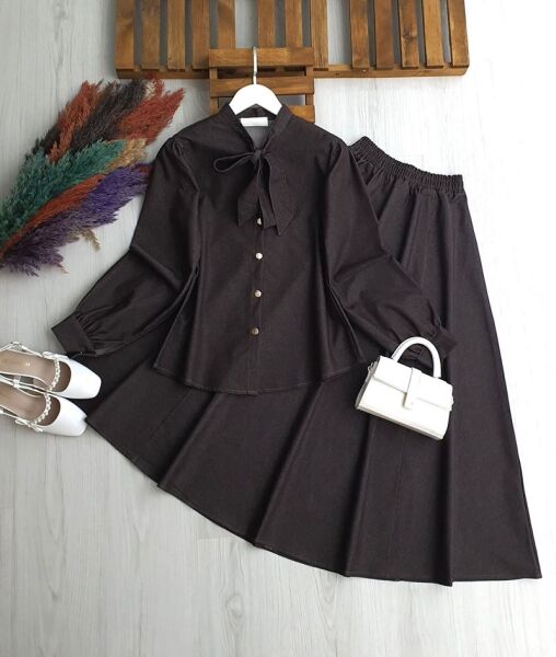 TOCHE YAKA BAĞCIKLI DİKİŞ DETAYLI KOT ETEKLİ TAKIM A6-1-1703-37-KAHVE - 1