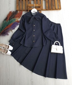 TOCHE YAKA BAĞCIKLI DİKİŞ DETAYLI KOT ETEKLİ TAKIM A6-1-1703-57-KOYU KOT - 