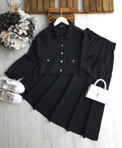 TOYE METAL DÜĞMELİ CEP KAPAKLI ETEKLİ İKİLİ TAKIM B8-2-1672-01-SİYAH - 