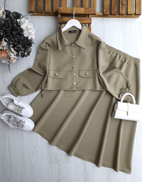 TOYE METAL DÜĞMELİ CEP KAPAKLI ETEKLİ İKİLİ TAKIM B8-2-1672-09-HAKİ - 1