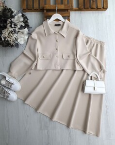 TOYE METAL DÜĞMELİ CEP KAPAKLI ETEKLİ İKİLİ TAKIM B8-2-1672-34-BEJ - 