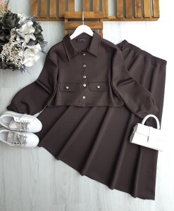 TOYE METAL DÜĞMELİ CEP KAPAKLI ETEKLİ İKİLİ TAKIM B8-2-1672-37-KAHVE - 