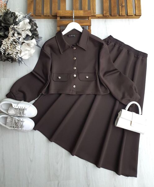 TOYE METAL DÜĞMELİ CEP KAPAKLI ETEKLİ İKİLİ TAKIM B8-2-1672-37-KAHVE - 1