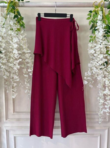 TUHLE BAĞCIKLI PARÇALI BOL PAÇA PANTOLON D3-6064-04-BORDO - 1