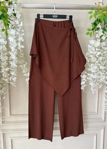 TUHLE BAĞCIKLI PARÇALI BOL PAÇA PANTOLON D3-6064-37-KAHVE - 1