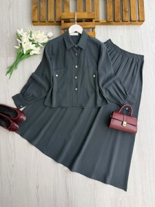 TULESY ÇAPRAZ CEPLİ TENSEL ETEKLİ TAKIM 1725-58-FÜME - 