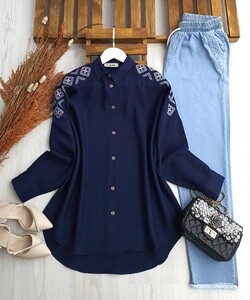 UBGE OMUZ NAKIŞLI KETEN GÖMLEK B4-3-5414-12-LACİVERT - 