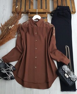 UBGE OMUZ NAKIŞLI KETEN GÖMLEK B4-3-5414-37-KAHVE - 