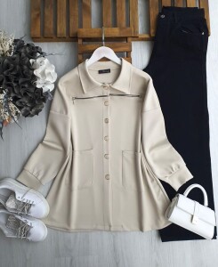 UDHA ÖN FERMUAR DETAYLI RAHAT KALIP TUNİK B7-5-5651-34-BEJ - 