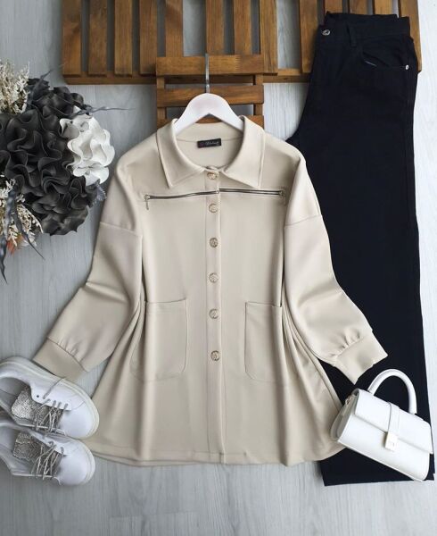 UDHA ÖN FERMUAR DETAYLI RAHAT KALIP TUNİK B7-5-5651-34-BEJ - 1