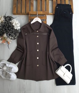 UDHA ÖN FERMUAR DETAYLI RAHAT KALIP TUNİK 5651-37-KAHVE - 