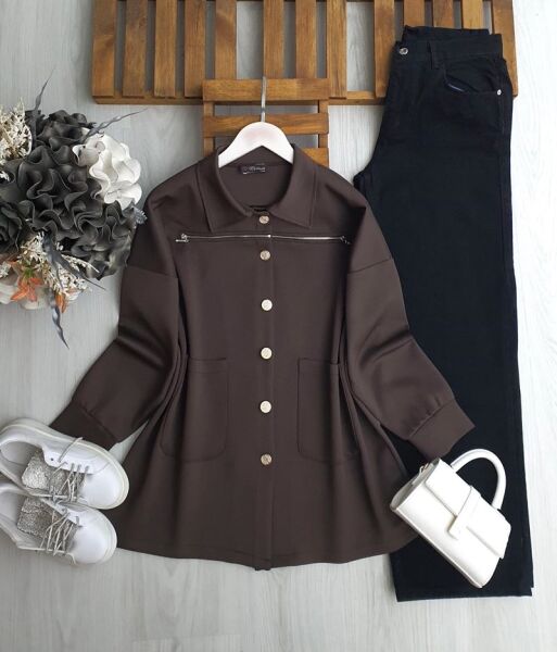 UDHA ÖN FERMUAR DETAYLI RAHAT KALIP TUNİK 5651-37-KAHVE - 1