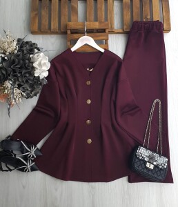 UDSEY BELİ DİKİŞLİ GOLD DÜĞMELİ İKİLİ TAKIM 1694-04-BORDO - 