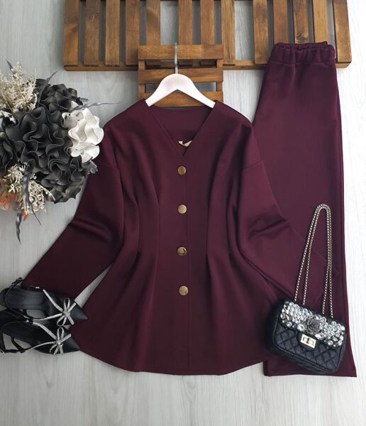 UDSEY BELİ DİKİŞLİ GOLD DÜĞMELİ İKİLİ TAKIM 1694-04-BORDO - 1