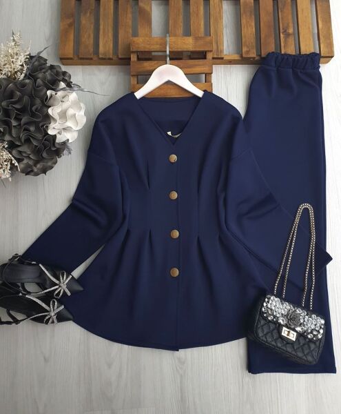 UDSEY BELİ DİKİŞLİ GOLD DÜĞMELİ İKİLİ TAKIM 1694-12-LACİVERT - 1