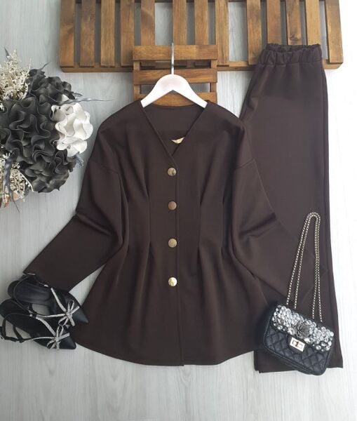 UDSEY BELİ DİKİŞLİ GOLD DÜĞMELİ İKİLİ TAKIM 1694-37-KAHVE - 1