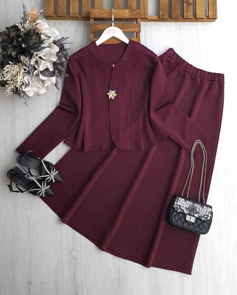 UDSEY TOKA DÜĞMELİ PRENSES DİKİŞLİ ETEKLİ İKİLİ TAKIM B1-2-1695-04-BORDO - 1