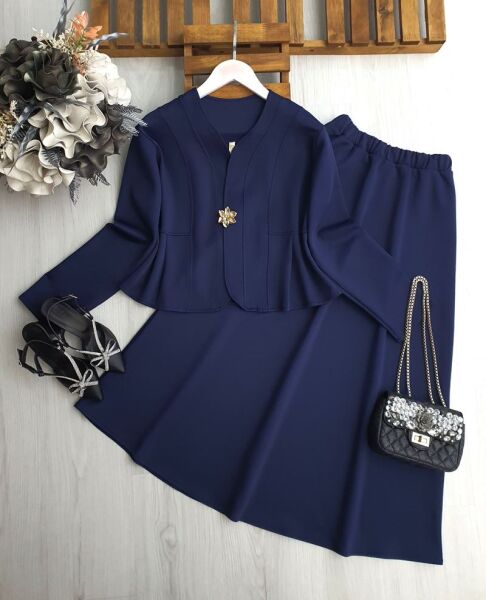 UDSEY TOKA DÜĞMELİ PRENSES DİKİŞLİ ETEKLİ İKİLİ TAKIM B1-2-1695-12-LACİVERT - 1