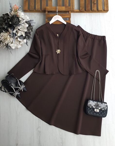 UDSEY TOKA DÜĞMELİ PRENSES DİKİŞLİ ETEKLİ İKİLİ TAKIM B1-2-1695-37-KAHVE - 1