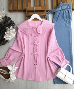 UDSYA BEBE YAKA BAĞCIKLI GÖMLEK 5546-47-PEMBE - 