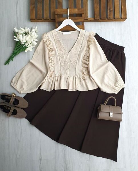 UGEW NAKIŞLI GÜPÜRLÜ FIRFIRLI GÖMLEK 5725-34-BEJ - 1