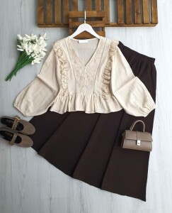 UGEW NAKIŞLI GÜPÜRLÜ FIRFIRLI GÖMLEK 5729-34-BEJ - 