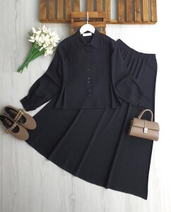 UGPE PİLİ ŞERİTLİ ÇİFT CEP KETEN ETEKLİ TAKIM 1754-01-SİYAH - 