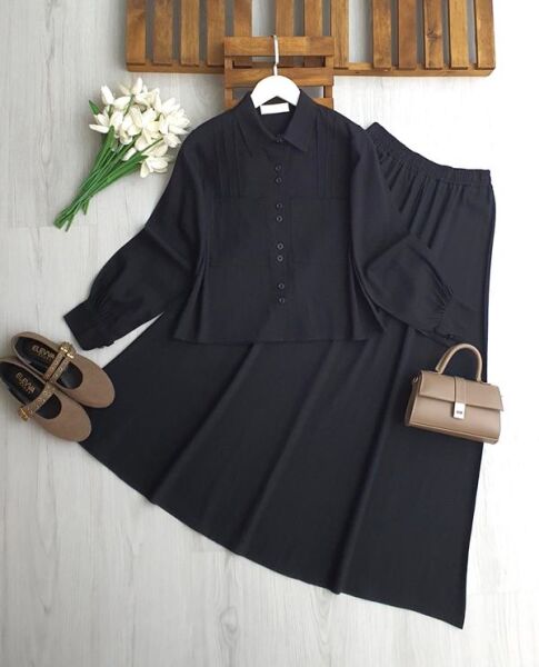 UGPE PİLİ ŞERİTLİ ÇİFT CEP KETEN ETEKLİ TAKIM 1754-01-SİYAH - 1